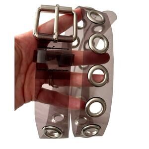 Oversize Grommet Jelly Belt punk clear/smoke w/ L silver metal rivets & buckle.